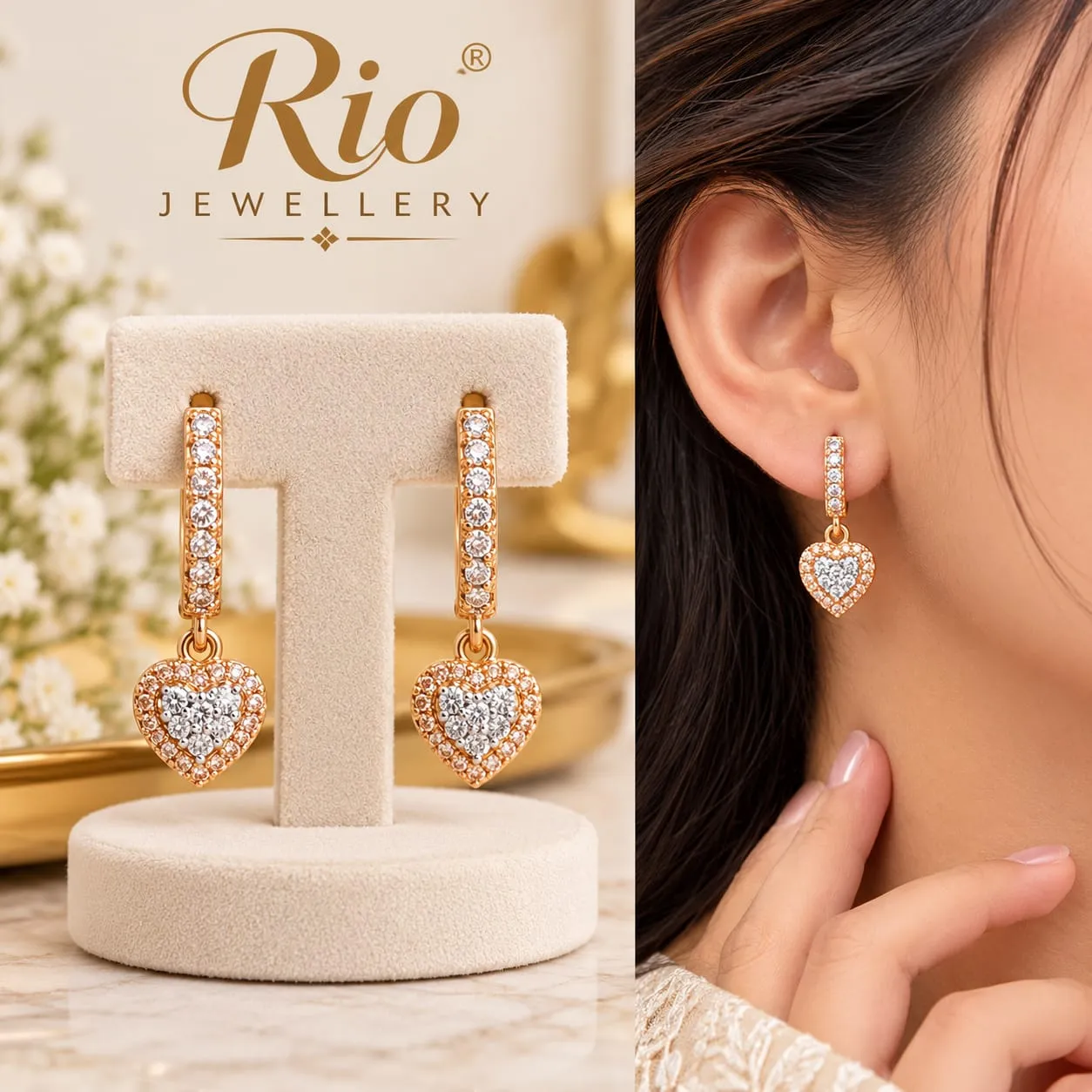 Elegant Gold-Tone Heart Crystal Drop Earrings