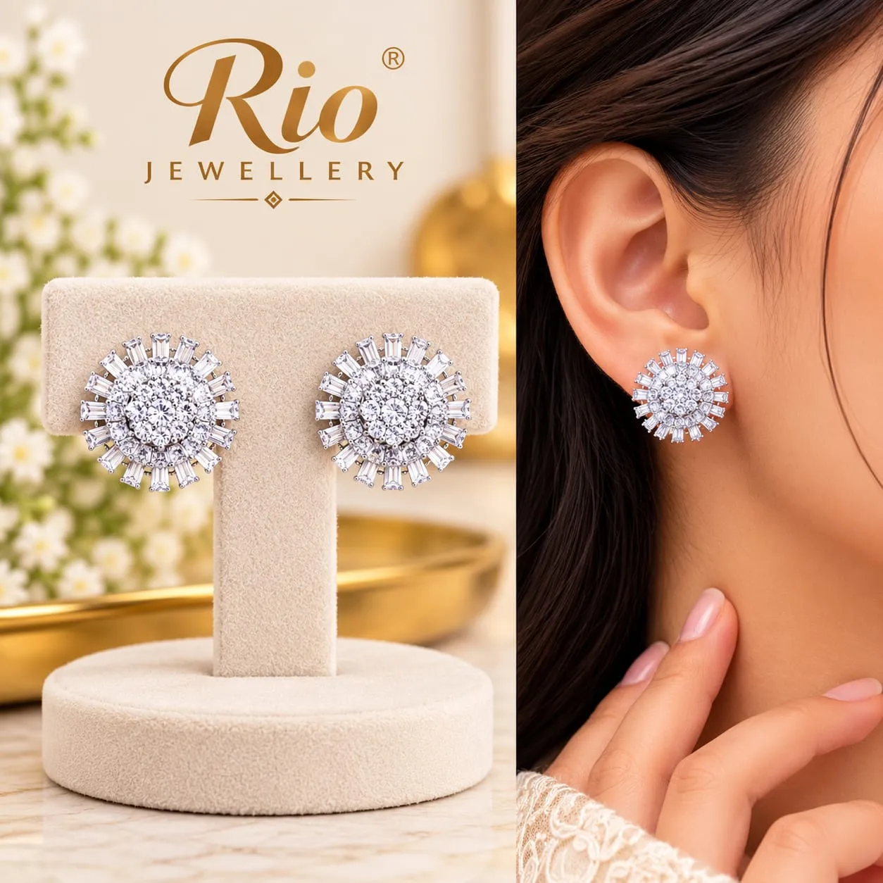 Elegant Silver-Tone Sunburst Crystal Stud Earrings