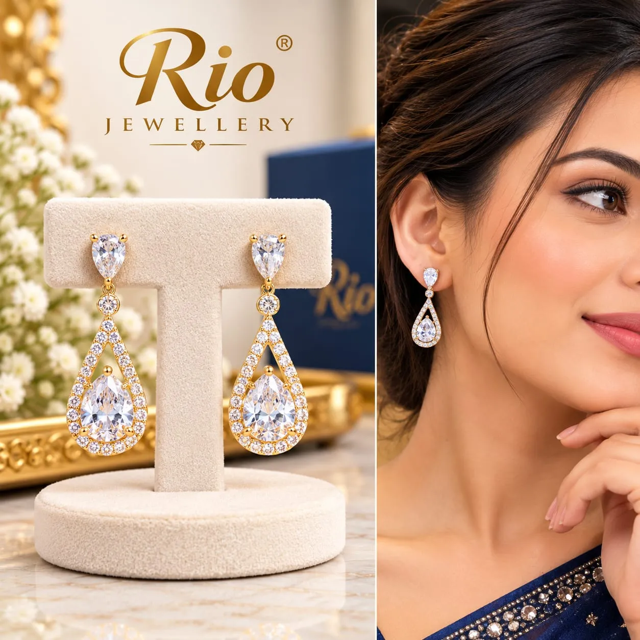 Elegant Gold-Tone Teardrop Crystal Drop Earrings
