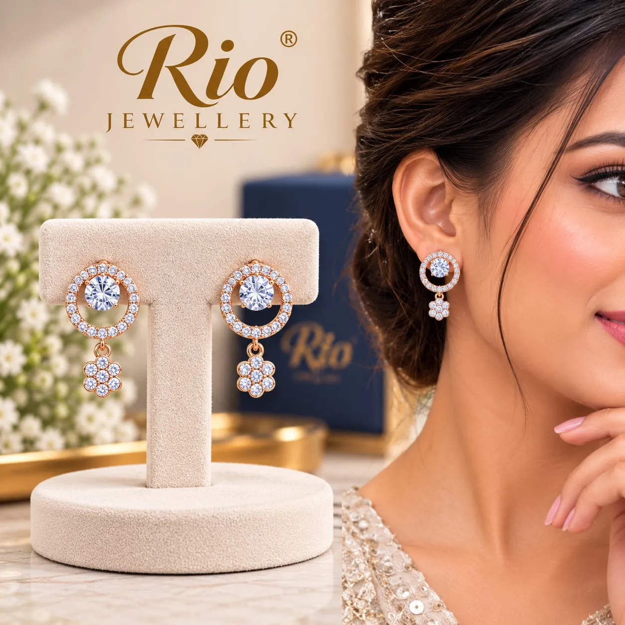 Rose Gold Crystal Floral Drop Earrings