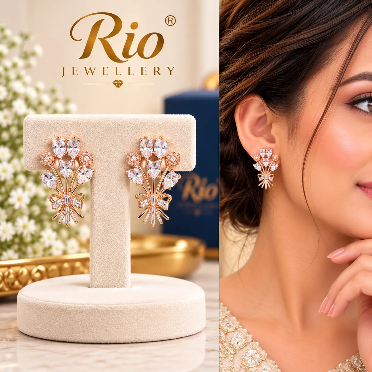 Rose Gold Crystal Floral Bow Earrings