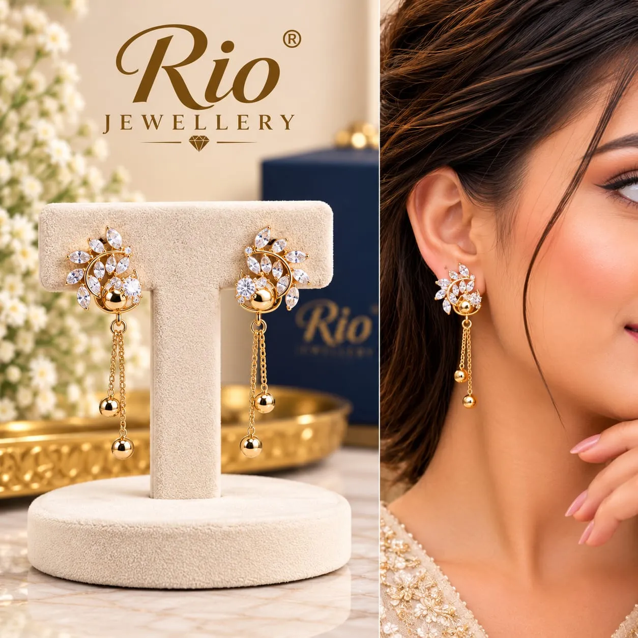 Gold-Plated Floral Drop Earrings with Crystal Stones