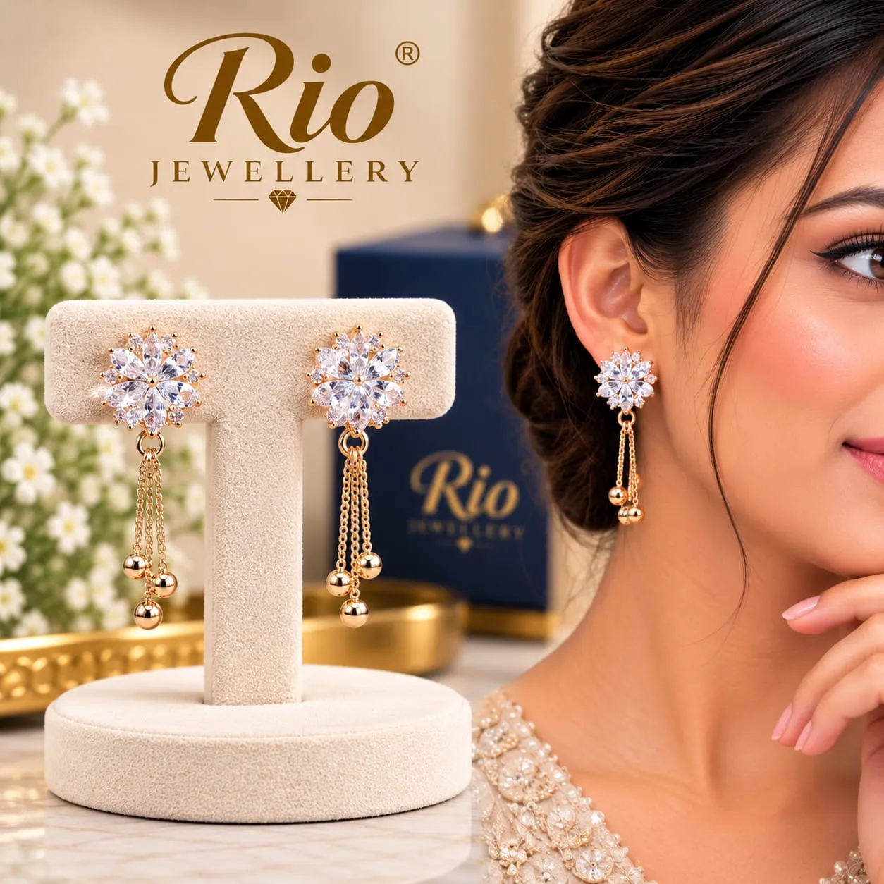 Gold-Plated Floral Crystal Drop Earrings with Hanging Beads