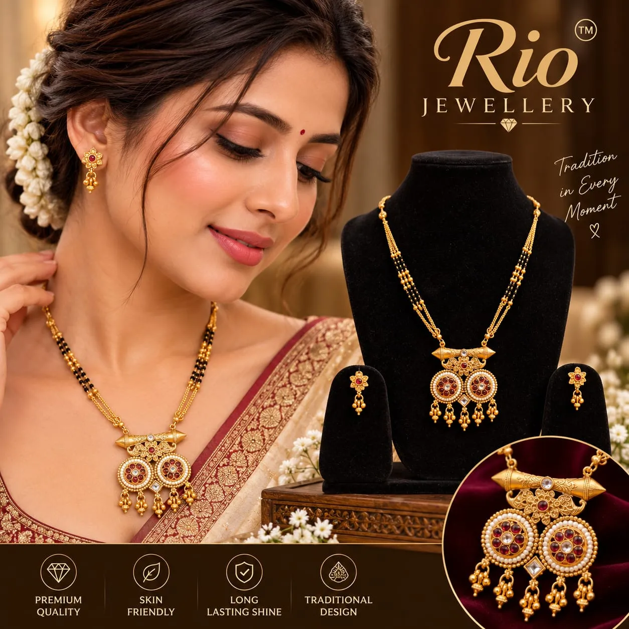 Traditional Gold-Tone Mangalsutra Necklace Set with Red Stone Pendant & Matching Earrings