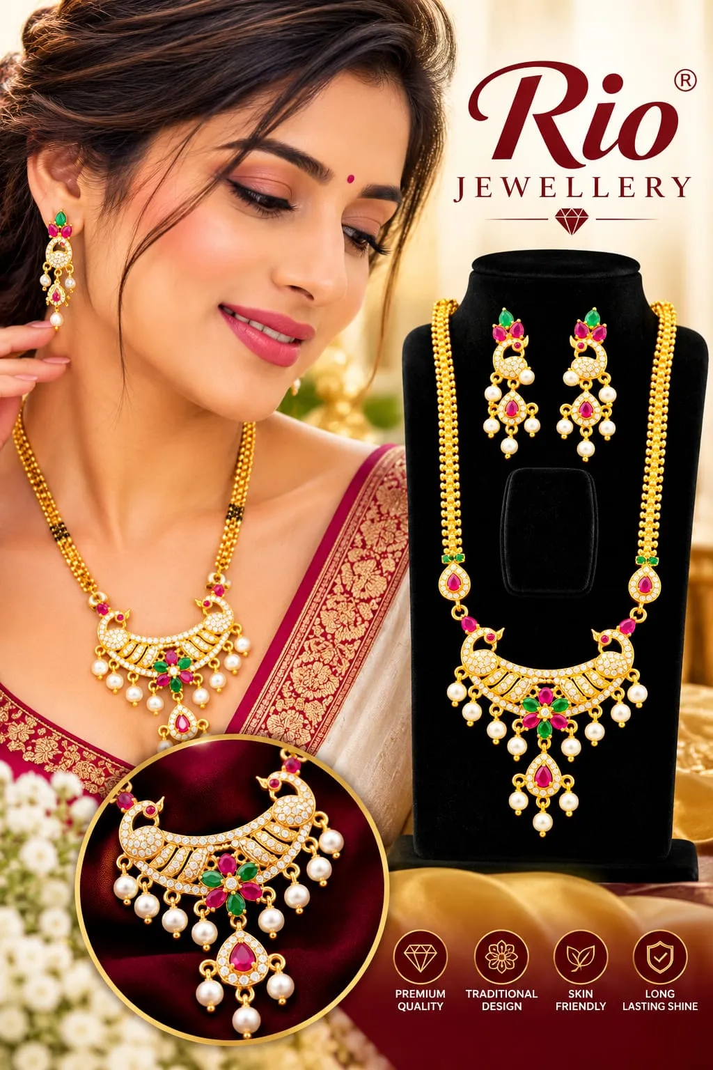 Traditional Gold-Plated Peacock Necklace Set with Earrings