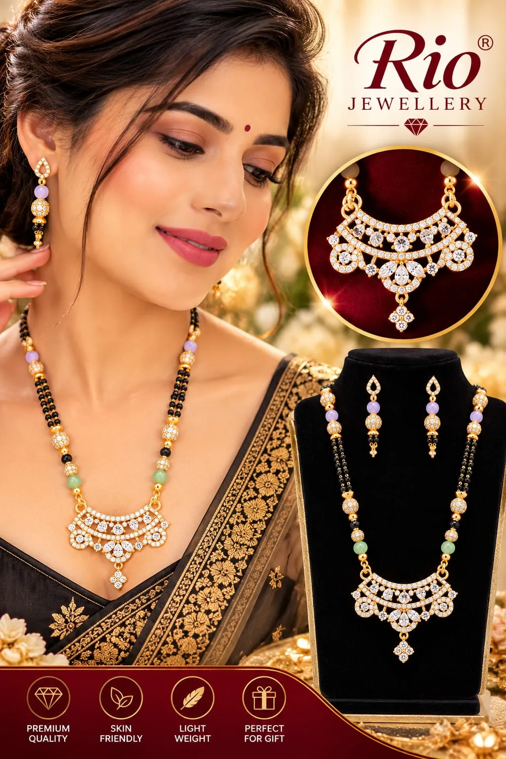 Gold-Plated American Diamond Mangalsutra Necklace Set with Earrings