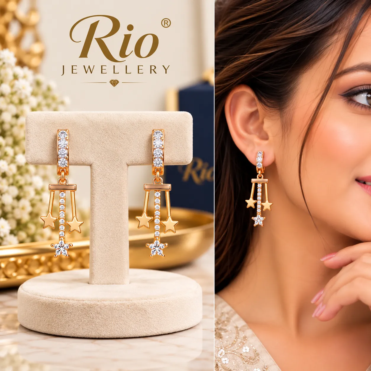 Rose Gold Diamond Star Drop Earrings