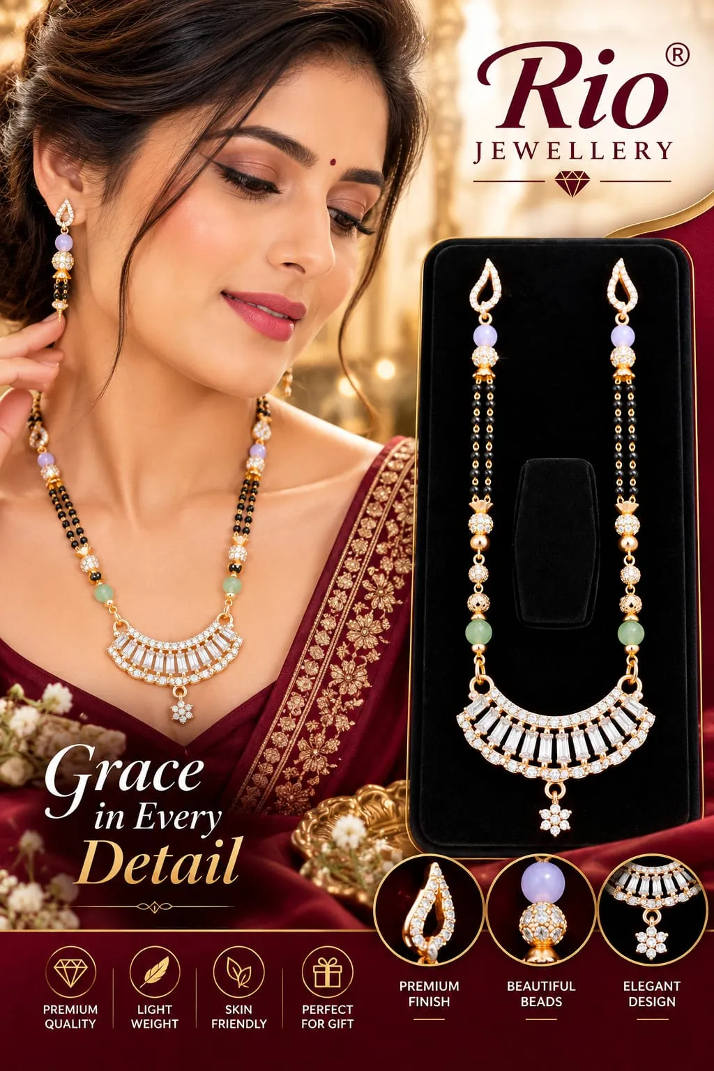 Gold-Plated American Diamond Mangalsutra Necklace Set with Earrings