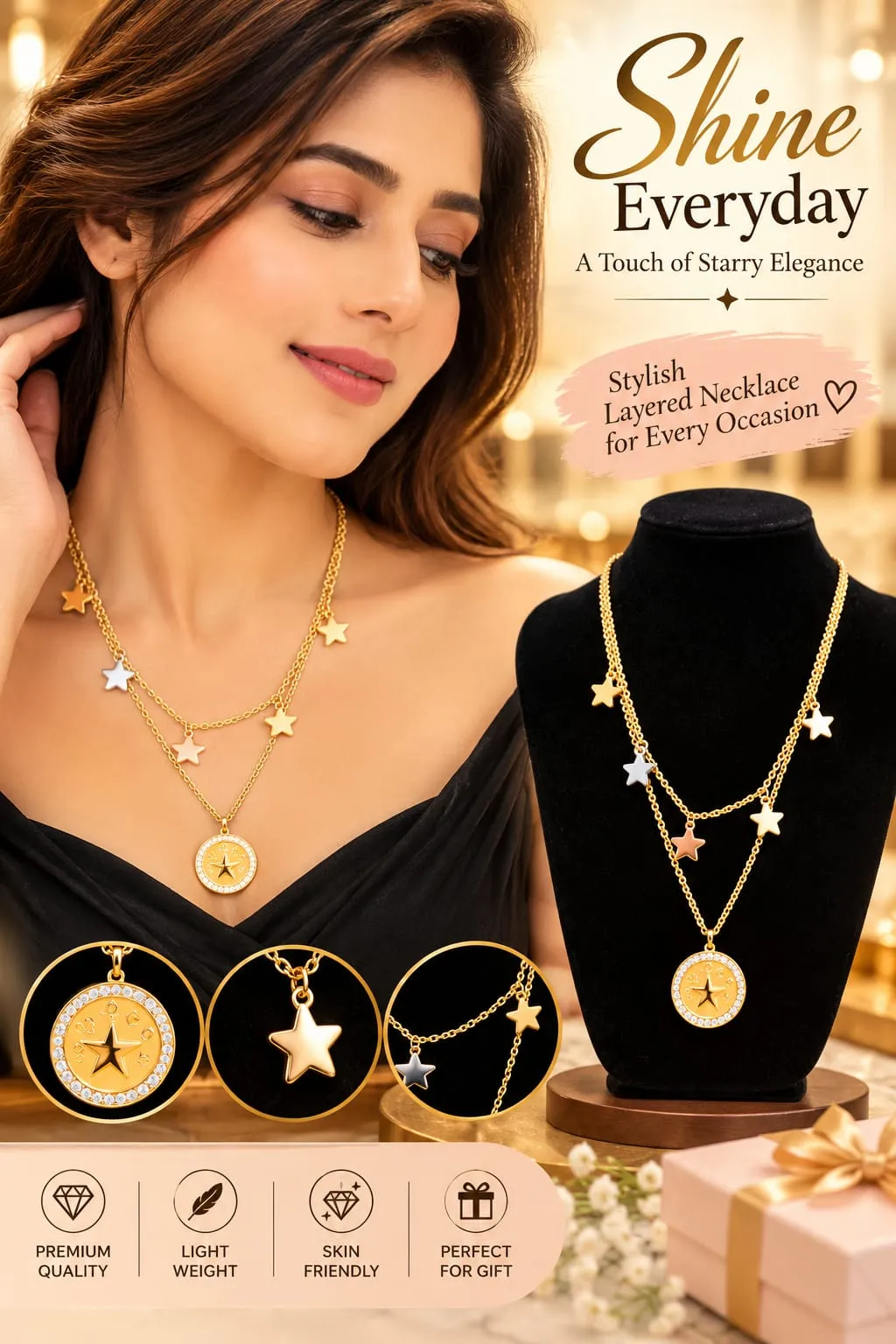 Golden Layered Star Pendant Necklace