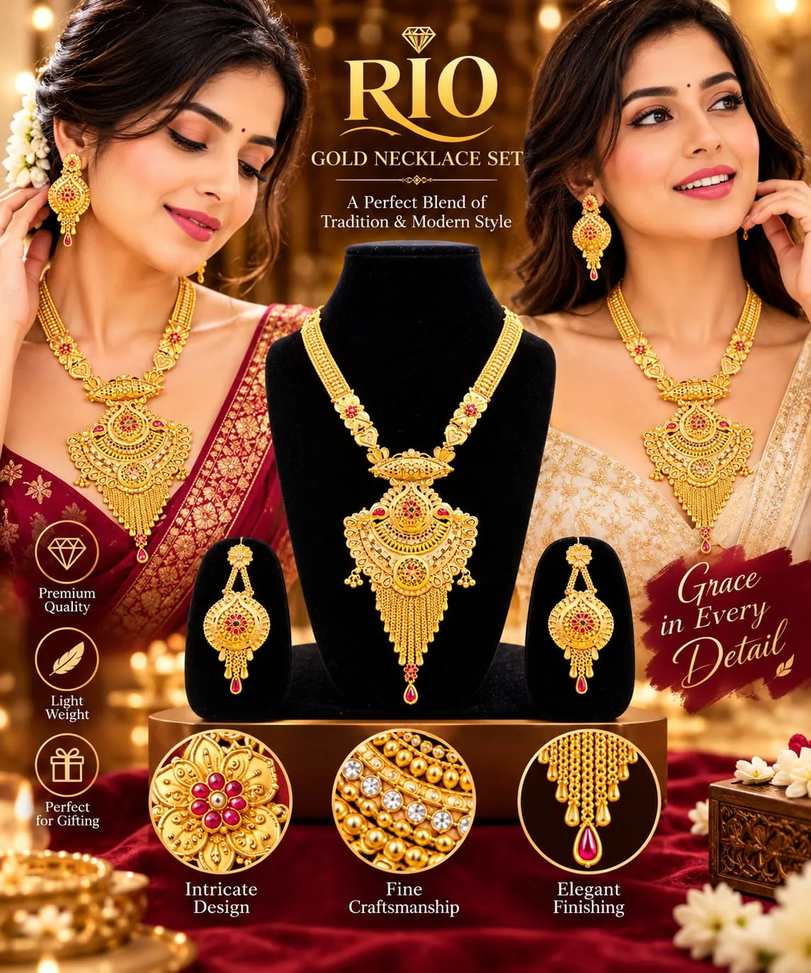 Traditional Gold-Plated Temple Necklace Set with Earrings