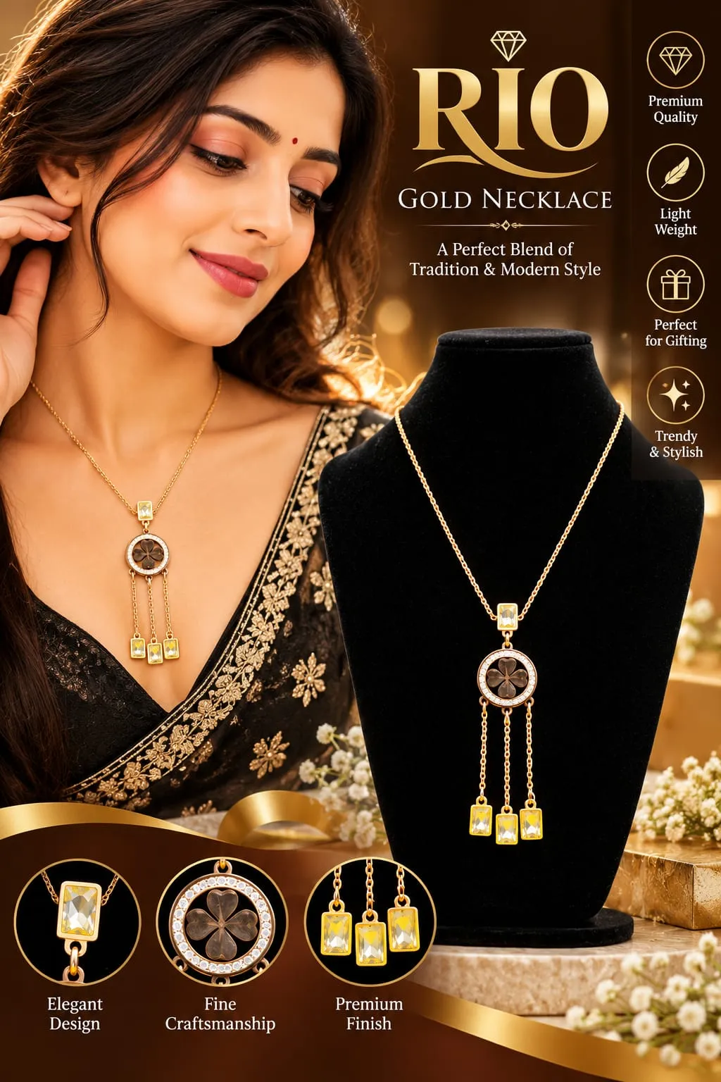 Elegant Gold-Tone Floral Pendant Necklace