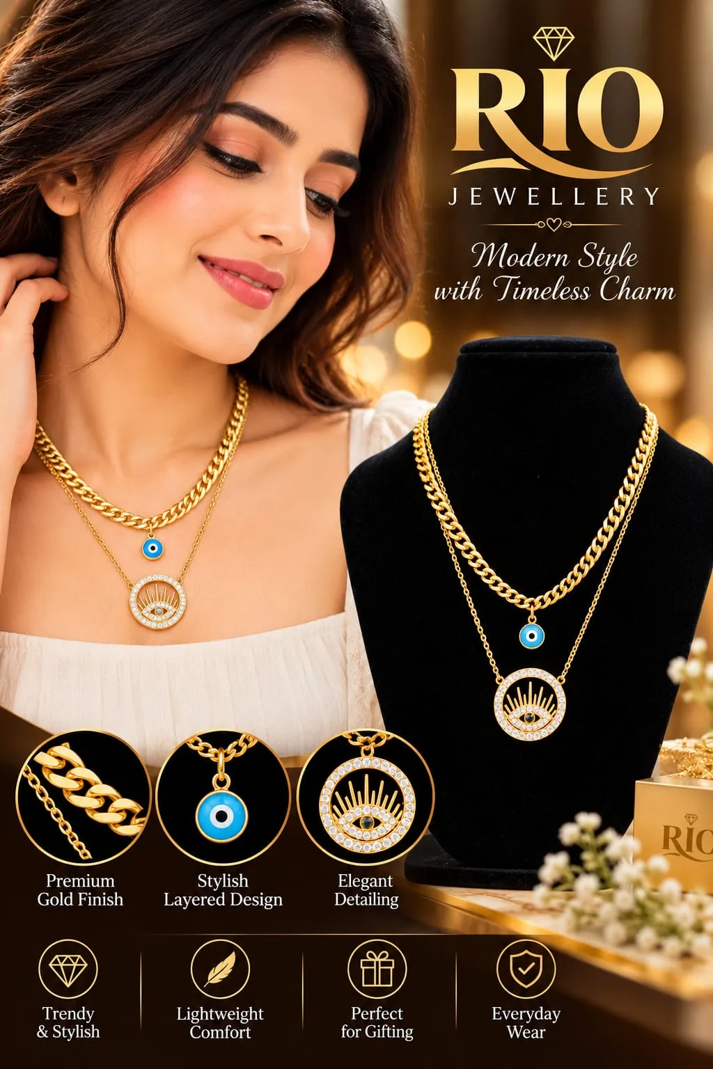Gold-Tone Evil Eye Double Layer Necklace