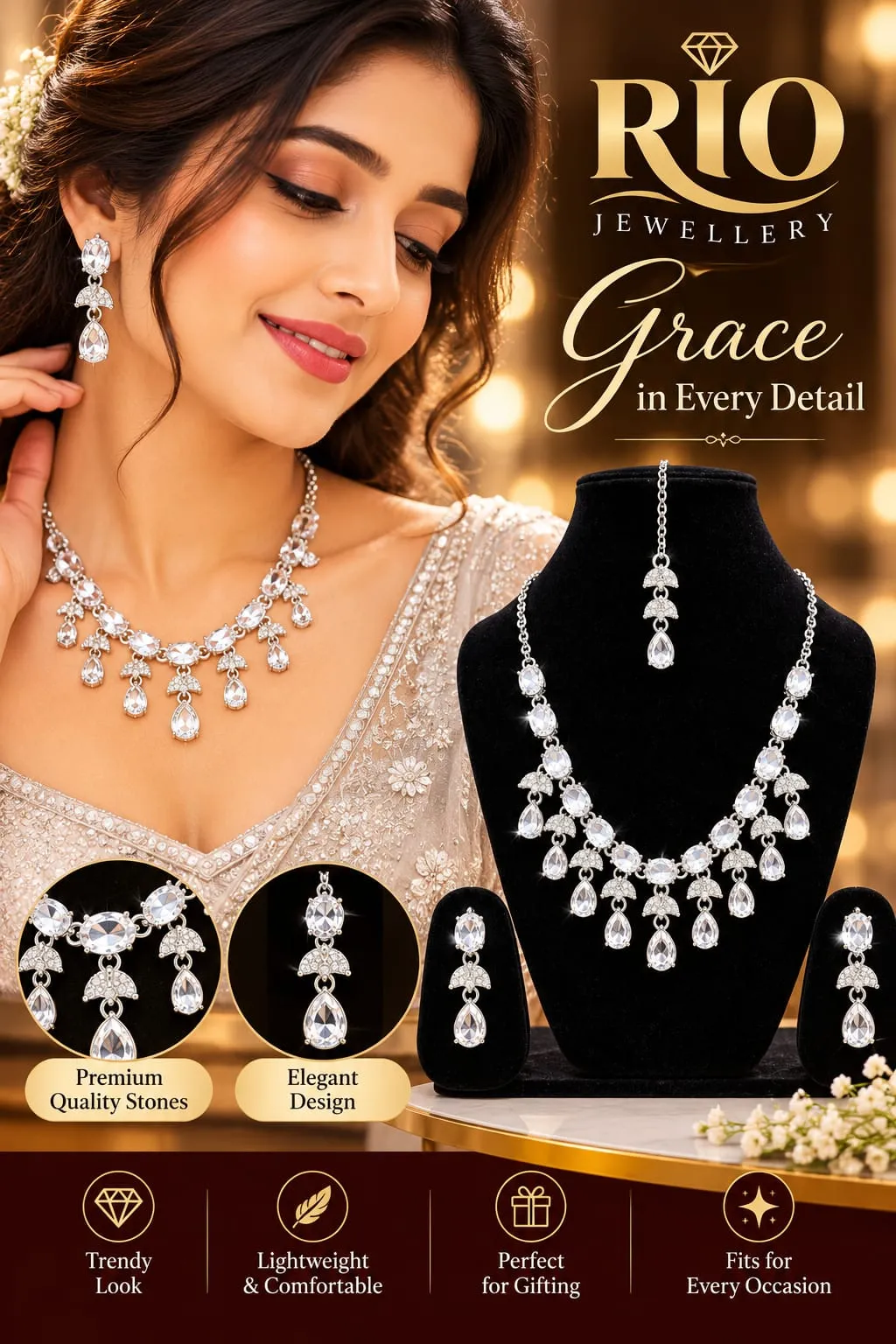 Silver-Tone Crystal Necklace Set with Matching Earrings
