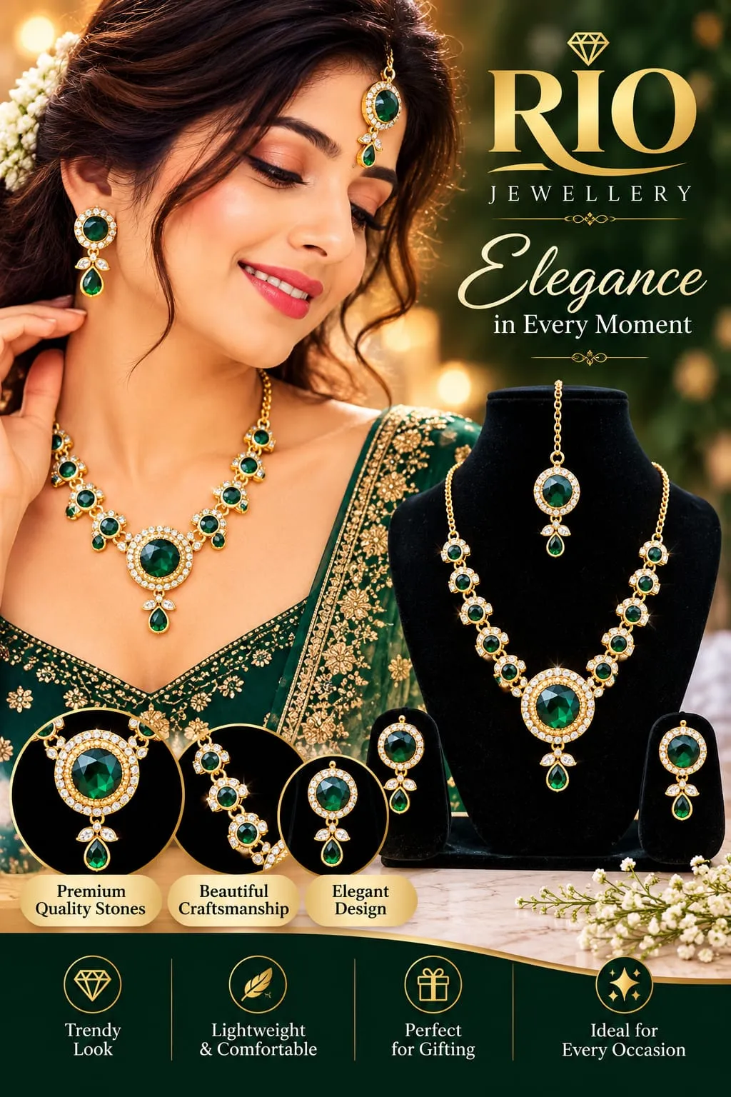 RIO Premium Emerald Green Necklace Set with Matching Earrings