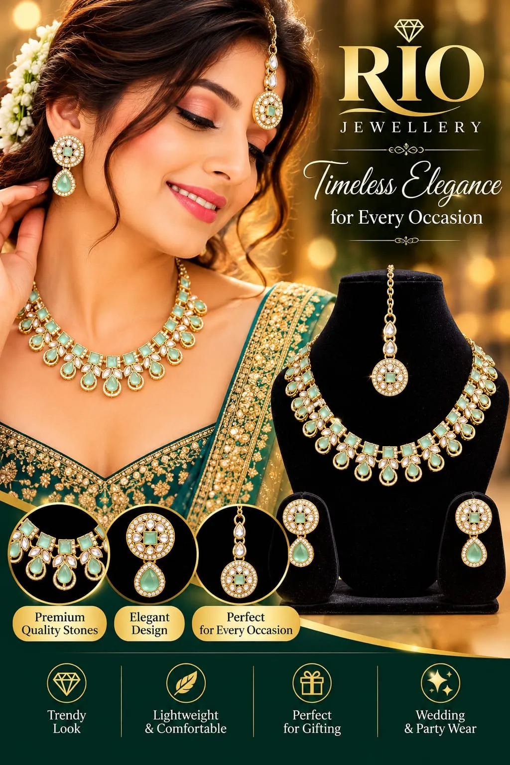 RIO Premium Mint Green Necklace Set with Matching Earrings and Maang Tikka