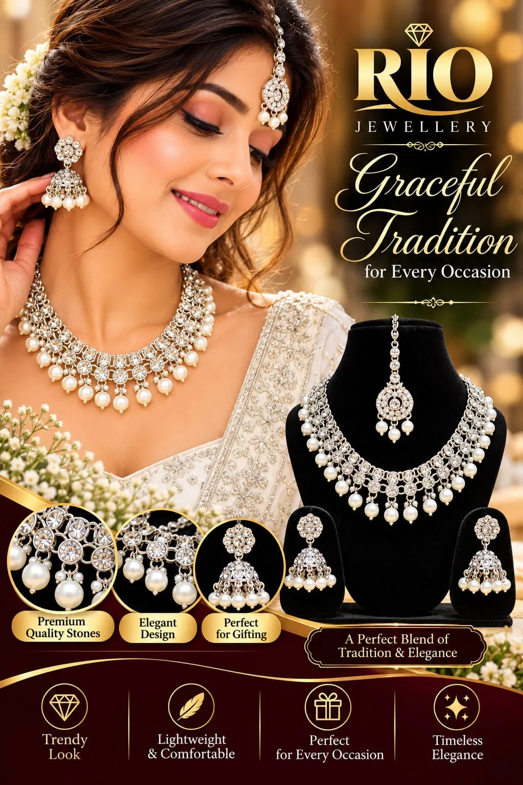 RIO Premium Crystal Pearl Necklace Set with Matching Earrings and Maang Tikka