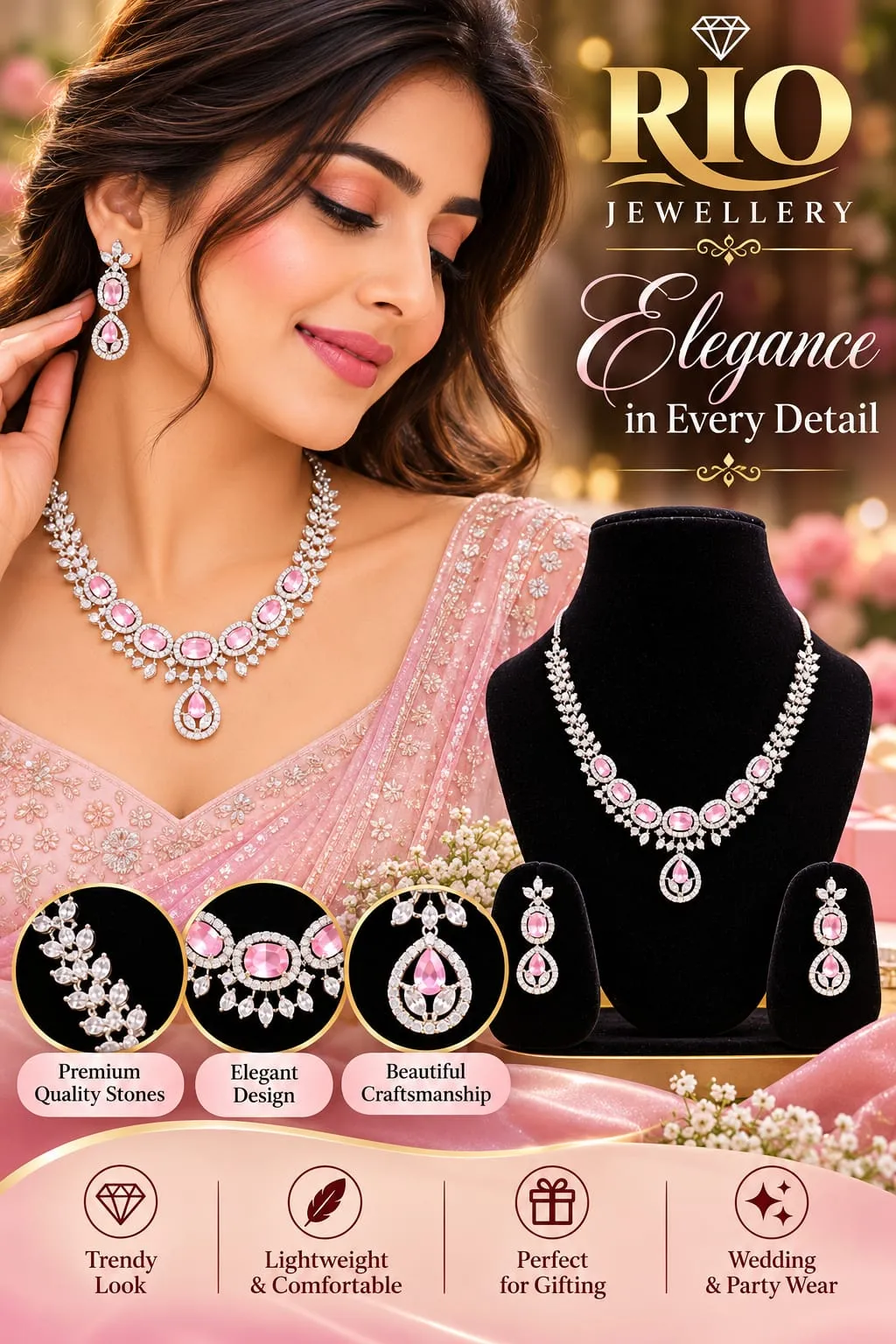RIO Elegant Pink Crystal Necklace Set with Earrings