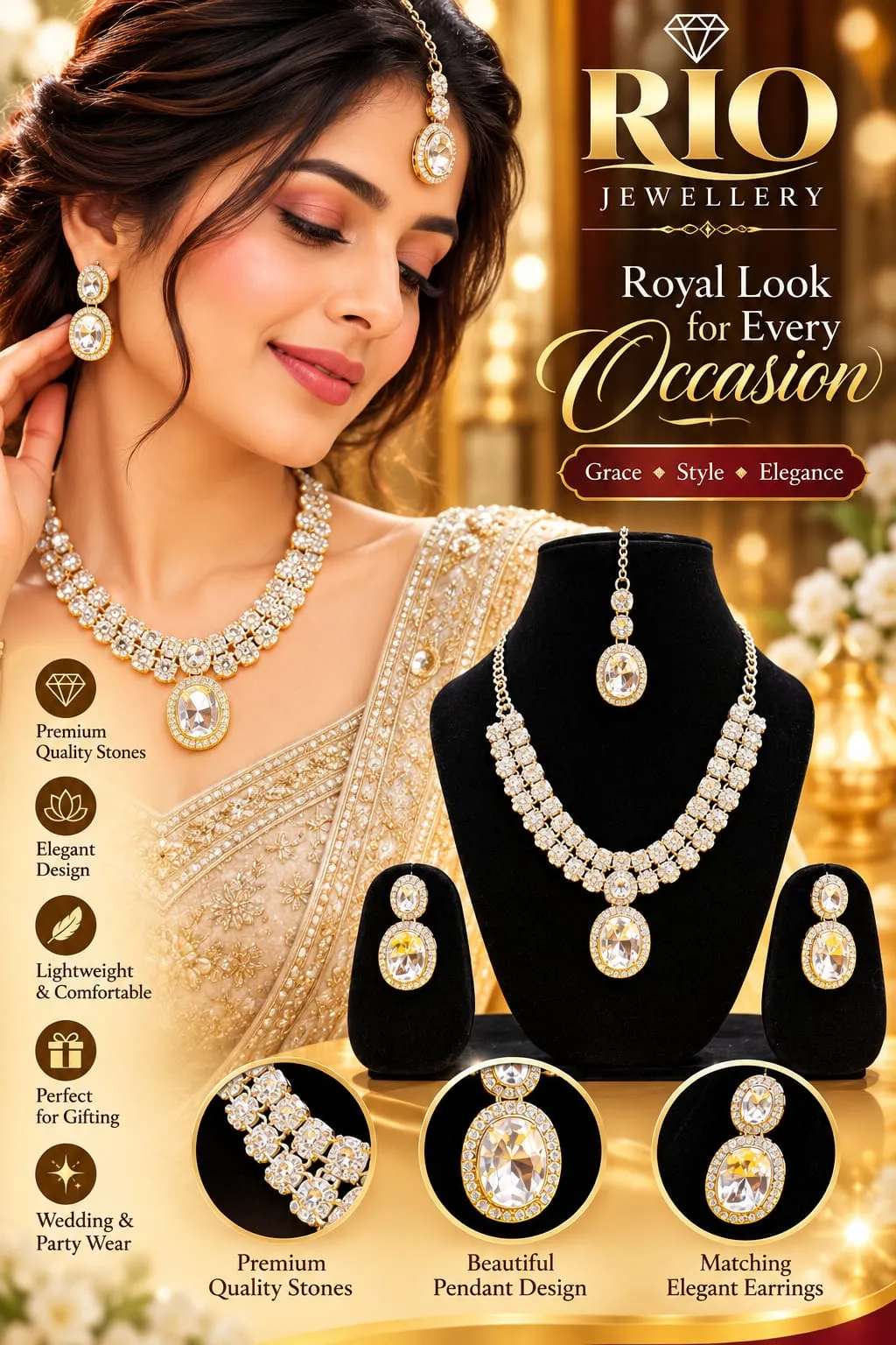 RIO Elegant Golden Crystal Necklace Set with Matching Earrings