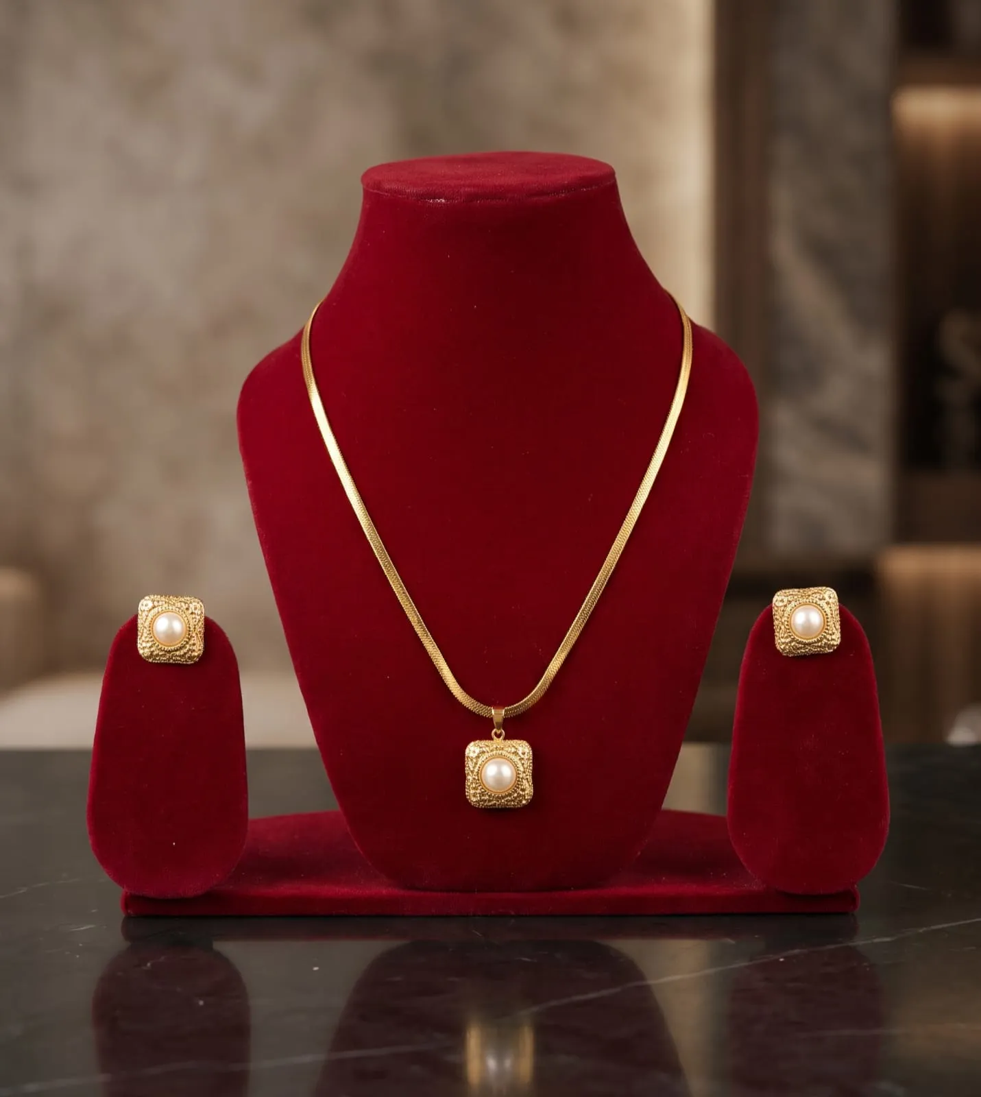 Elegant Gold-Plated Square Pearl Pendent Necklace and Earrings set