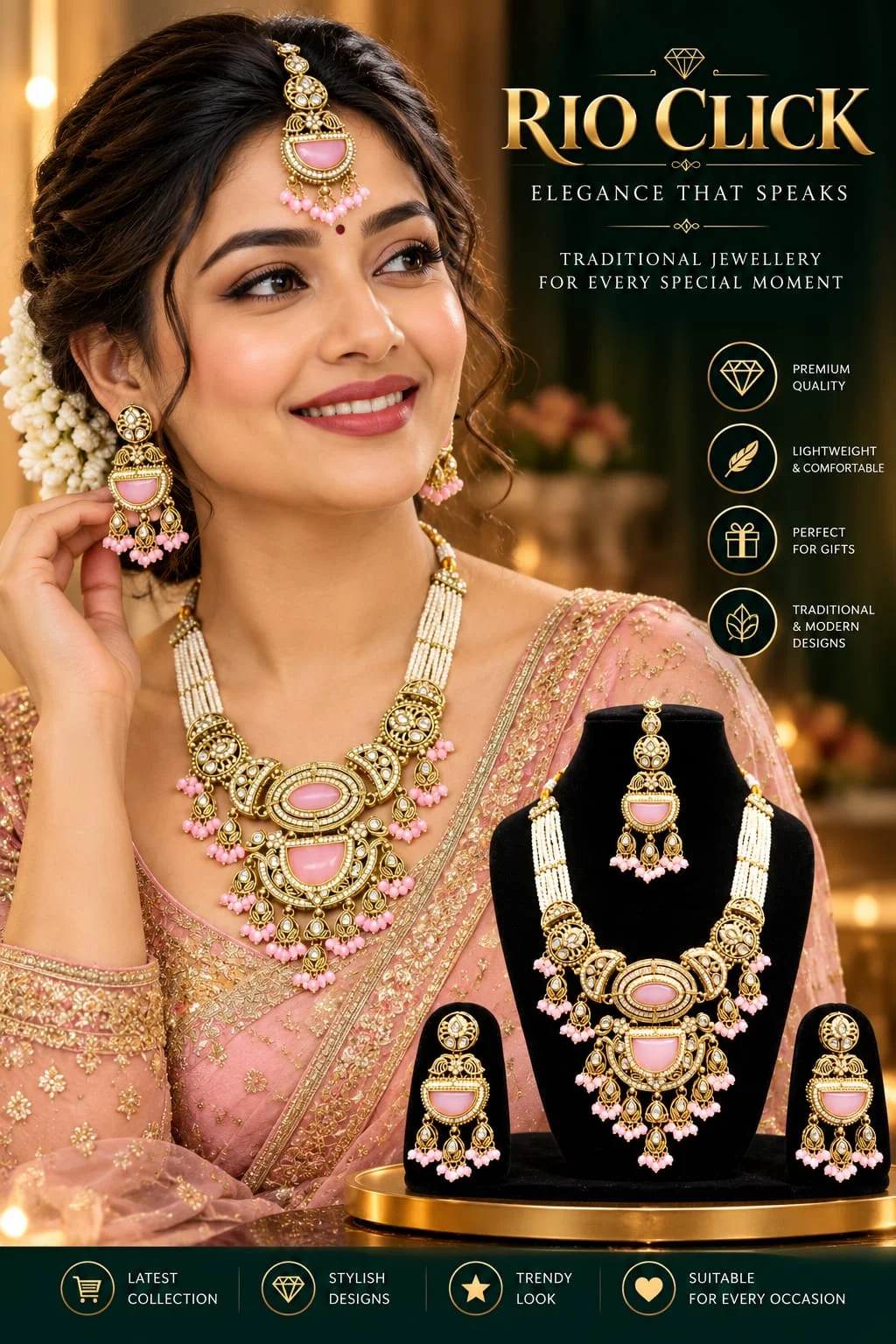 Gulabi Meenakari & Pearl Choker Necklace Set with Earrings & Maang Tikka