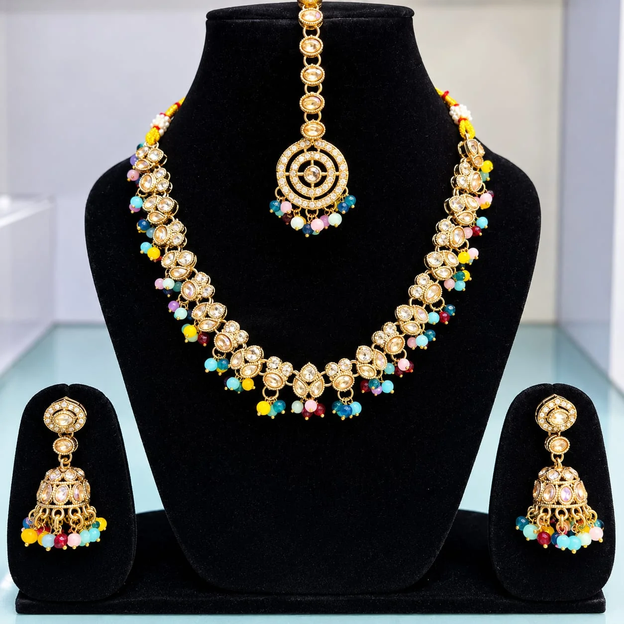 Navratan Multi-Color Beads Kundan Necklace Set with Dome Jhumkis & Tikka