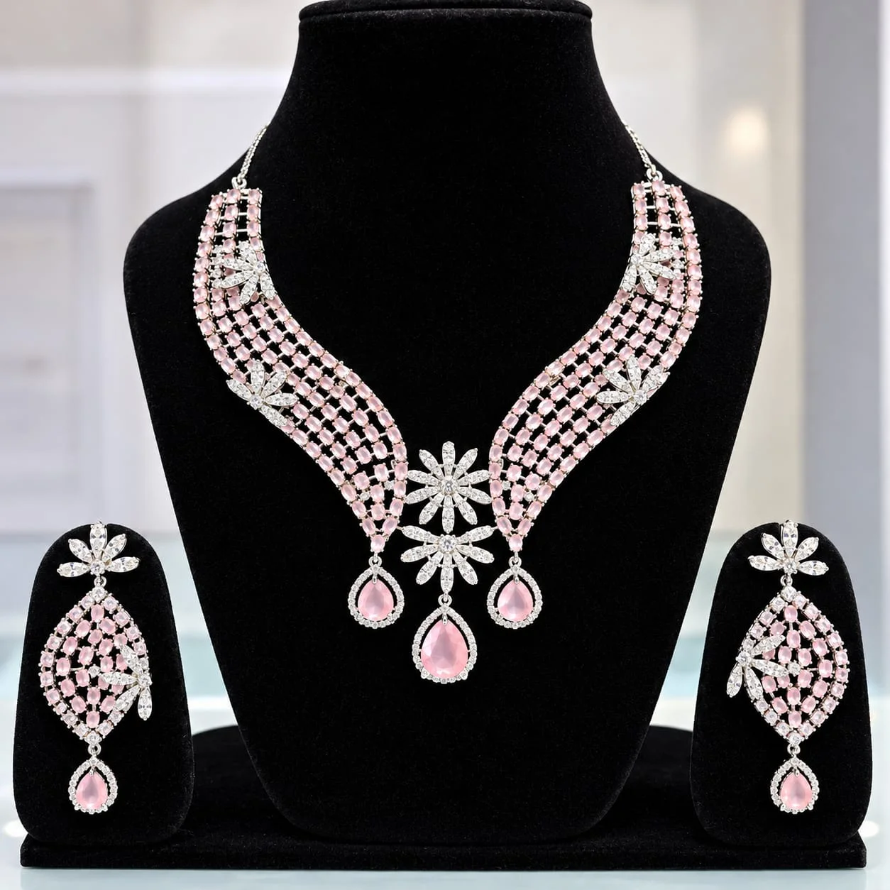 Royal Silver Rhodium Finished Rose Pink Crystal Floral Collar Necklace Set