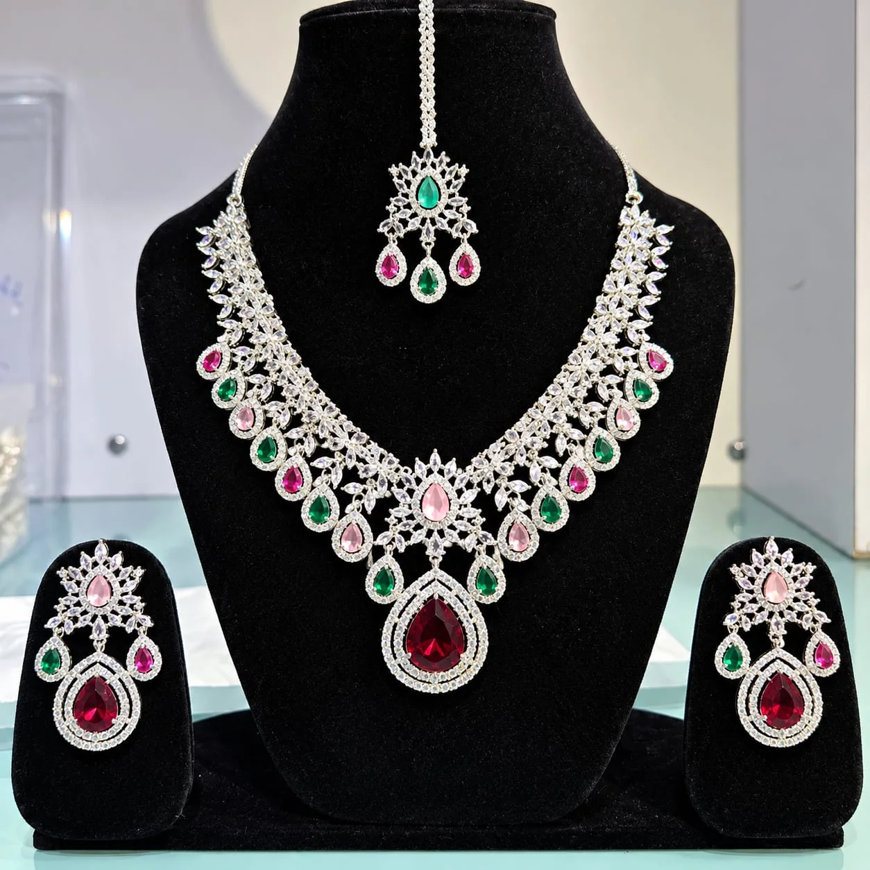 Imperial Emerald & Ruby Royal Austrian Crystal Bridal Necklace Set with Maang Tikka