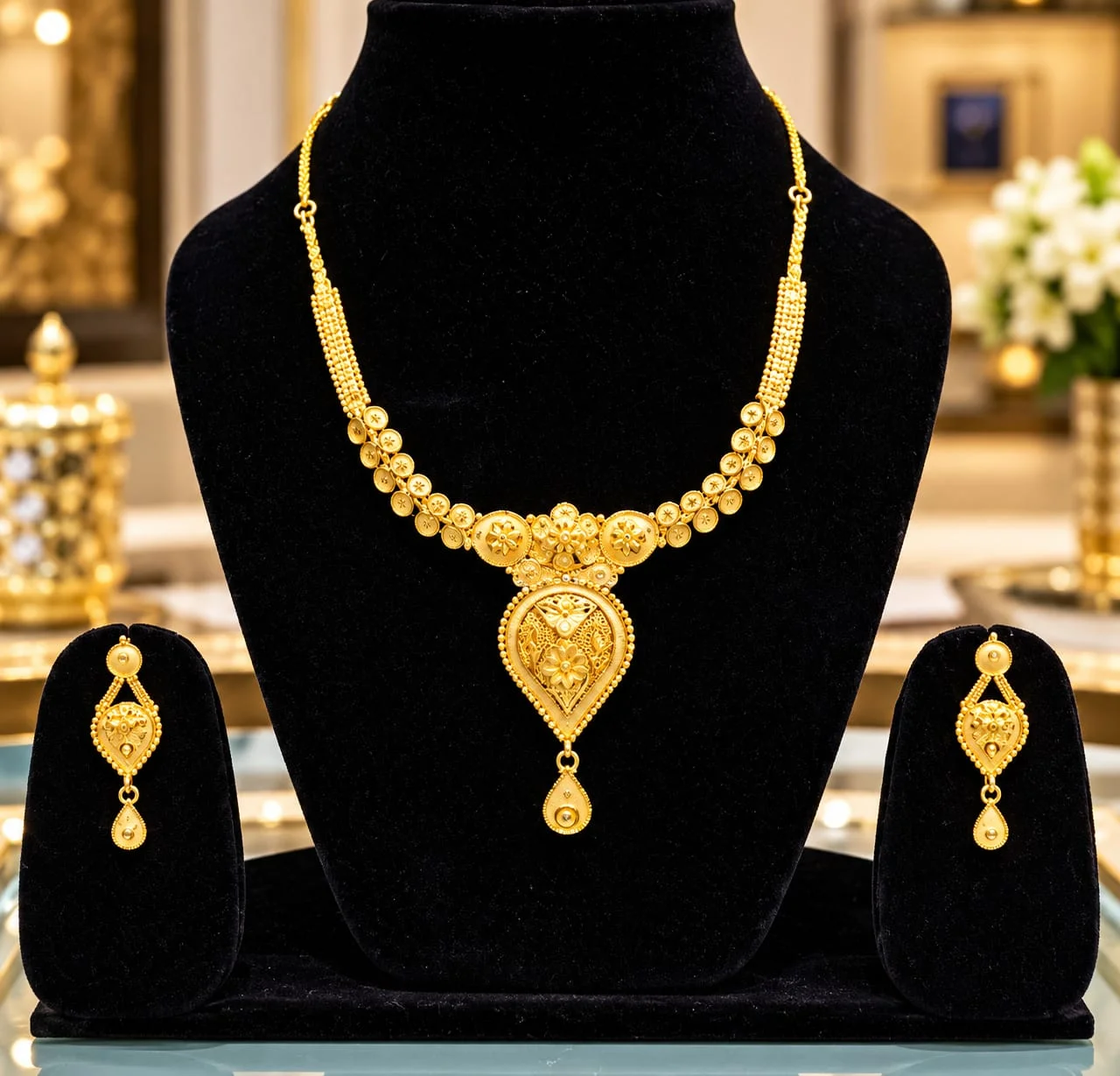 Antique Temple Kempu Stone & Matte Gold Peacock Festive Necklace Set