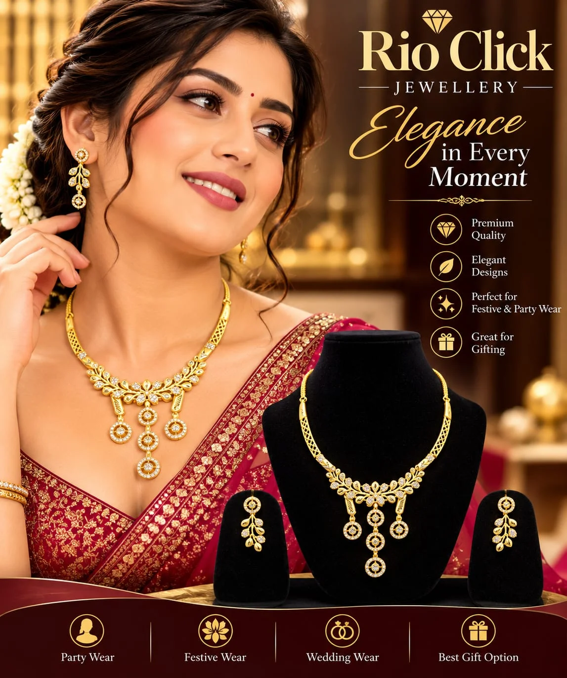 Sparkling Rose Gold & American Diamond CZ Designer Collar Necklace Set